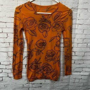 AMB One Size Orange Dance Shirt Long Sleeve Floral Stretch